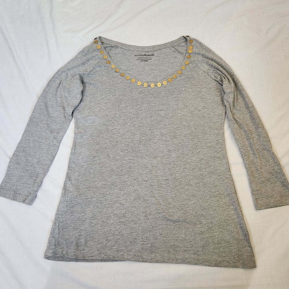 Norma Kamali gray organic cotton scoop neck tee t-shirt button embellishment XL